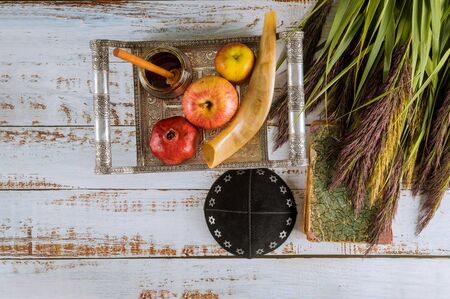 Jewish holiday honey and apples with pomegranate torah book, kippah a yamolka talit copy spaceの写真素材
