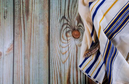 Orthodox Jewish prays shawl tallit and shofar horn jewish religious symbolの写真素材