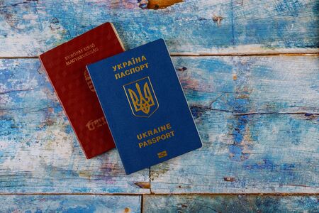 Passports of dual citizens Ukraine and Hungarian passport for traveling conceptの写真素材