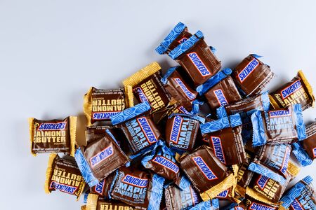 OCTOBER 04 2019 NY USA: View of Snickers chocolate bar multipack of snickers maple almond butter candy ang almond butter candy barのeditorial素材