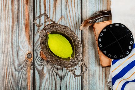 Jewish ritual festival of Sukkot in the jewish religious symbol Etrog, lulav, hadas arava kippah and...