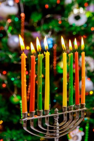 Jewish holiday, Holiday symbol Hanukkah Brightly Glowing Hanukkah Menorah soft focusの写真素材