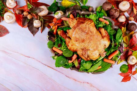Delicious baked chicken appetizing served for Thanksgiving Dinner festiveの写真素材