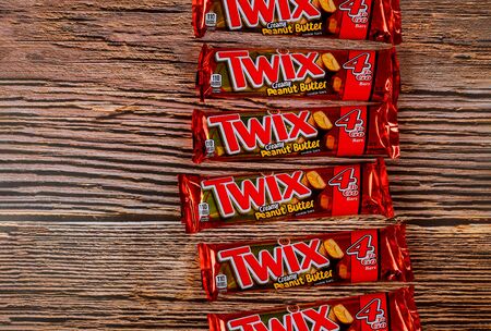 New York NY NOV 08 2019: Twix bars cookie chocolate made by Mars, Inc.