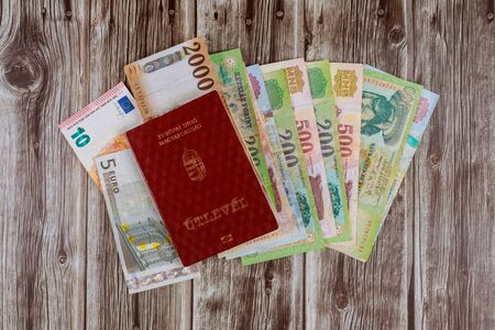 The Hungarian passports and euro banknotes on a forint paper money financial backgroundの写真素材