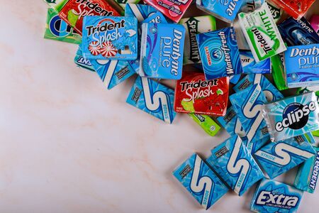 New York NY NOV 29 2019: Brands Orbit, Extra, Eclipse, Freedent, Wrigley, Spearmint Tident Stride Stride various brand chewing gumのeditorial素材