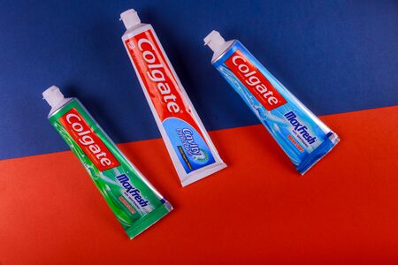 New York NY NOV 29 2019: Variety of toothpastes on Colgate is a brand of toothpaste produced by Colgate-Palmoliveのeditorial素材