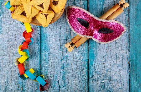 Hamantaschen hamans ears cookies Purim celebration jewish holiday bright party tools and decorationの写真素材