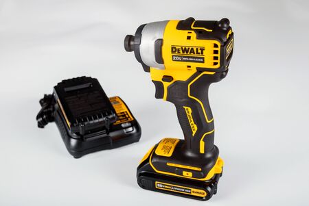 New York NY DEC 02 2019: DeWalt cordless Power Drill on a isolate white background