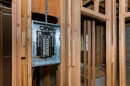 Switchboard voltage with circuit breakers electrical installation interior framing with basement...