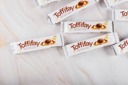 New York NY NOV 29 2019: Box of Toffifee candies on white marble brand of caramel candies, owned by...