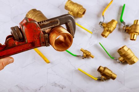 Pipe wrench brass plumbing fittings, heavy construction instrumentsの写真素材