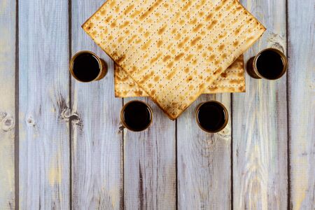 Jewish holiday Passover with matzah, pesah celebration four cup kosher wineの写真素材