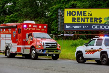 10 February 2020 East Brunswick NJ USA: Fire Trucks in Fire Department on emergency 911のeditorial素材
