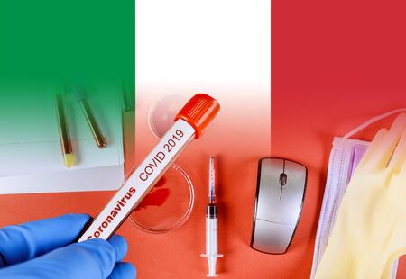 COVID-2019 Micro biology lab medical biological virus concept equipment humans global pandemic virus Italyの写真素材