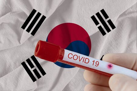 Blood sample with COVID-19 Coronavirus  infection of the South Korea with test in medical exam laboratoryの写真素材