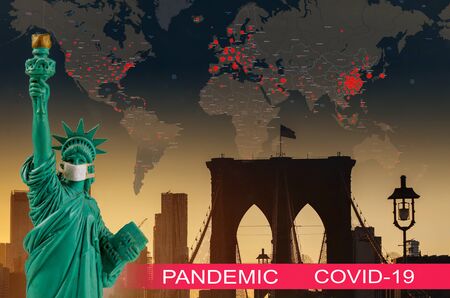 Brooklyn bridge at dusk on USA pandemic coronavirus COVID-19 map on a US with statue of liberty