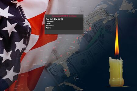 New York is patients deaths from coronavirus COVID-19 quarantine on American flag Global pandemic...