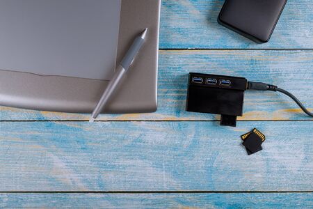 Graphic designer office on working with modern workspace creative desk