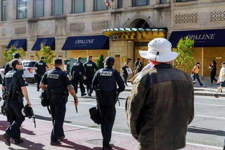WASHINGTON D.C., USA - MAY 31, 2020: Police are positioned to confront protesters during the death...