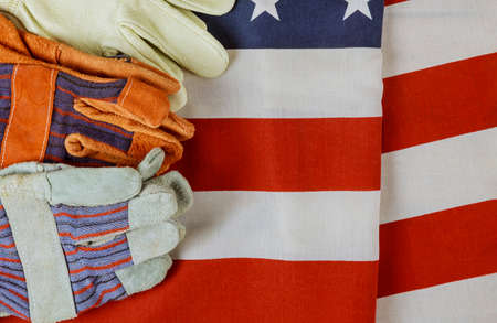 Patriotic in America happy labor day construction leather gloves on of United States America flagの写真素材