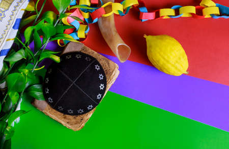 Jewish festival of sukkoth over paper colorful chain garland on species lulav kippah