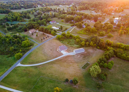 High view of landscape of green field area of agricultural production over rural Ohio countrysideの写真素材