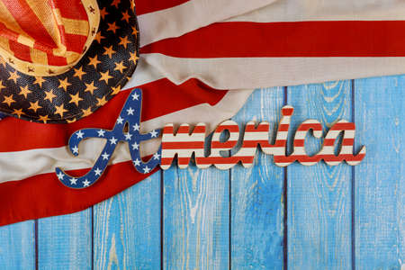 USA national holidays Memorial day American flag on wooden background America sign decorated letterの写真素材