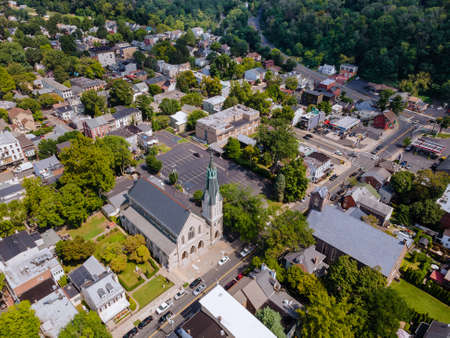 Scenic seasonal landscape from above aerial view of a small town countryside of Lambertville New Jersey USA in the historic city New Hope Pennsylvania US.の写真素材