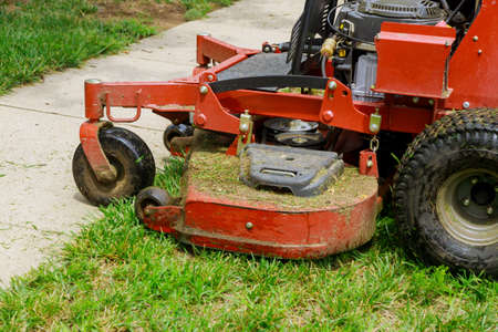 Gardening activity, lawn mower cutting the grass driven lawn mower in sunny gardenの写真素材