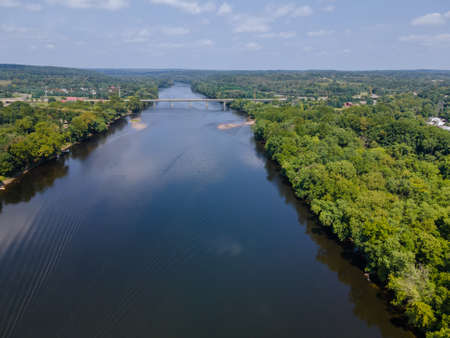 Aerial landscape Delaware river American town of Lambertville New Jersey, view near small town...