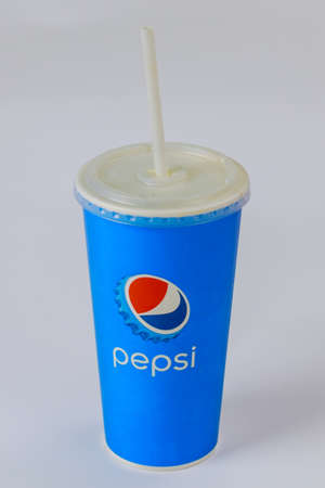 CLEWELAND OH US 15 SEPTEMBER 2020: Pepsi paper cup with Pepsi logo is a world famous carbonated soft...