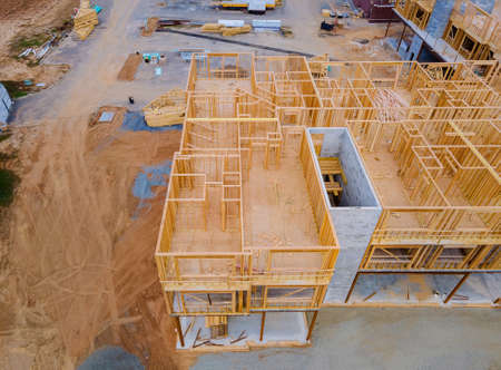 Unfinished of view of a house residential construction wall of framing against