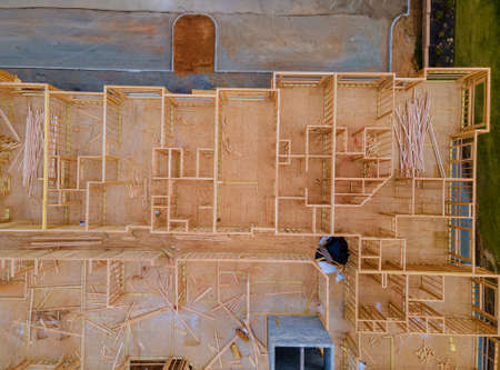 New wooden residential building development wood frame installation construction industry.