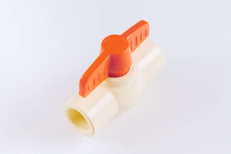 Connecting with close up redPVC plastic valve for supply water isolated on white backgroundの写真素材