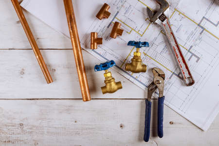 Plumbing equipment of house of hand repairing pipes water supply kit tools wrenchの写真素材