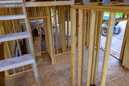 New residential home framing interior view under construction new houseの写真素材