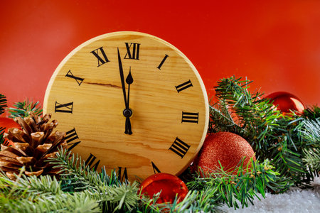 Merry New Year Happy Holidays winter decorative clock fir tree with snow