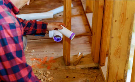 Plumber gluing sewage drain PVC pipes on home under construction