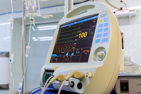 Ventilation equipment close up image monitor of computer device in intensive care operating roomの写真素材