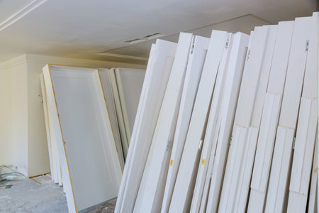 New home installing material for repairs in an apartment is under construction door for a under construction, remodelingの写真素材