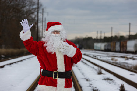 Santa Claus walking on the rainy road and waves his hand in Christmas day on carrying a bag of giftsの写真素材
