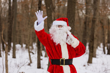 Walking through the winter forest, Santa Claus waves his hand carrying Christmas gift presentsの写真素材