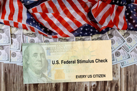 American flag Global pandemic Covid 19 lockdown on Senate stimulus deal includes individual checks virus economic stimulus plan USA dollar cash banknoteの写真素材
