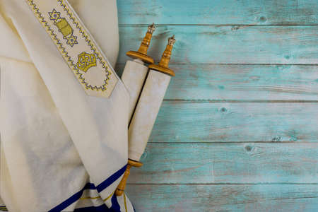 Day of jewish holidays symbols prayer shawl tallit, prayer holy torah scrollの写真素材