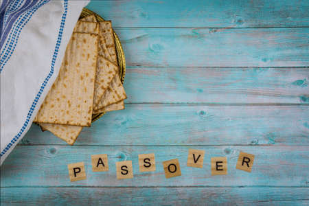 Jewish family celebrating passover matzoh jewish unleavened bread holidayの写真素材