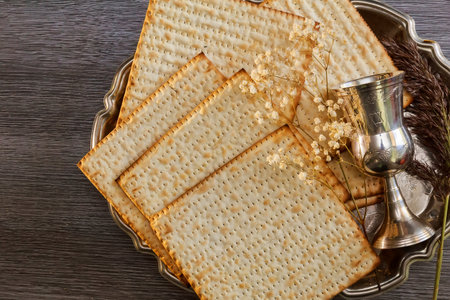 Pesach matzo passover with wine and matzoh jewish passover breadの写真素材