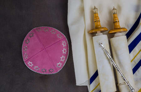 Prayer book with torah scroll and prayer shawl tallit Jewish Orthodox religious symbolsの写真素材
