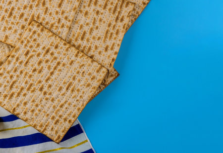 Traditional symbols of Jewish holiday matzo with passover breadの写真素材