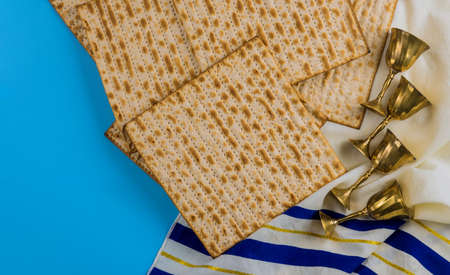 Pesach holiday celebration, matza unleavened bread, four cup kosher wineの写真素材